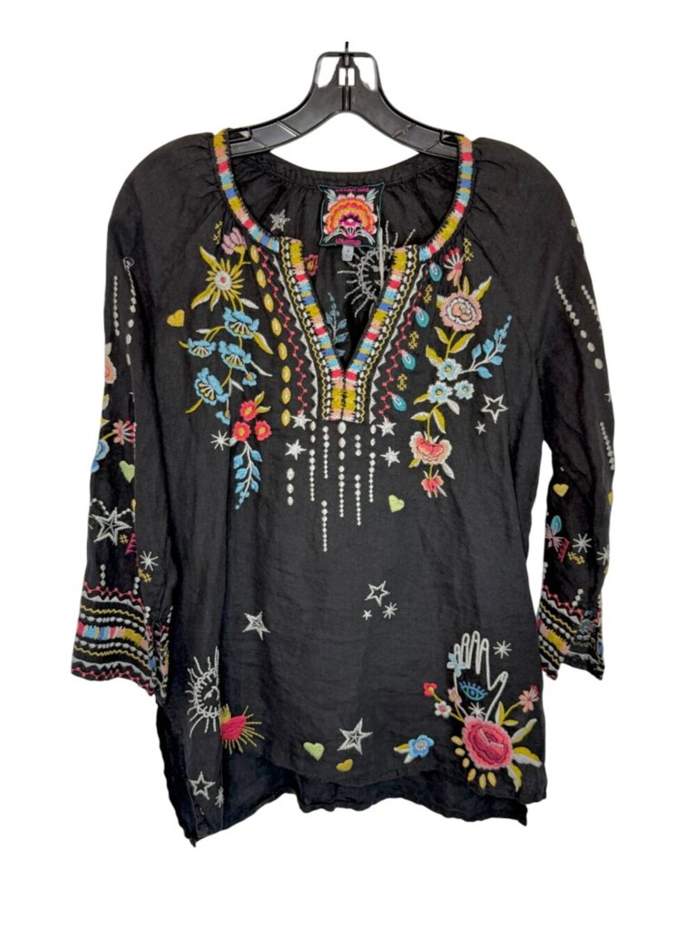 Johnny Was Maris Linen split line Peasant blouse Black NWT - Size XS - Picture 2 of 7